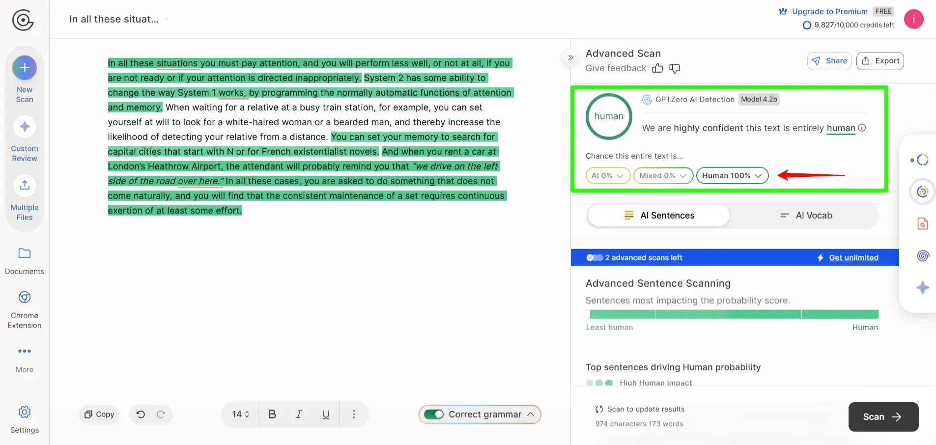 Screenshot of the GPTZero workflow showing the result detecting the content as 100% Human-written.