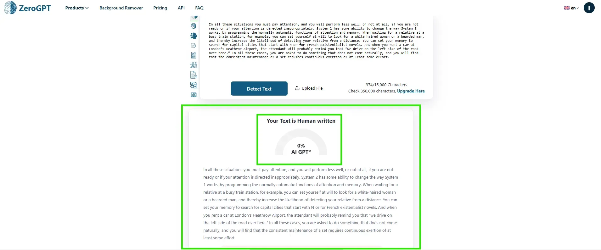 Screenshot of the ZeroGPT workflow showing the result detecting the content as 100% Human-written.
