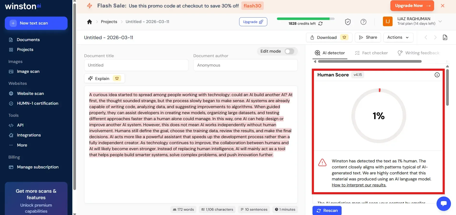 Screenshot of the Winston AI workflow showing the result detecting the content as 100% AI-written.