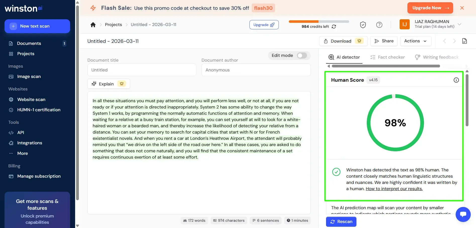 Screenshot of the Winston AI workflow showing the result detecting the content as 100% Human-written.