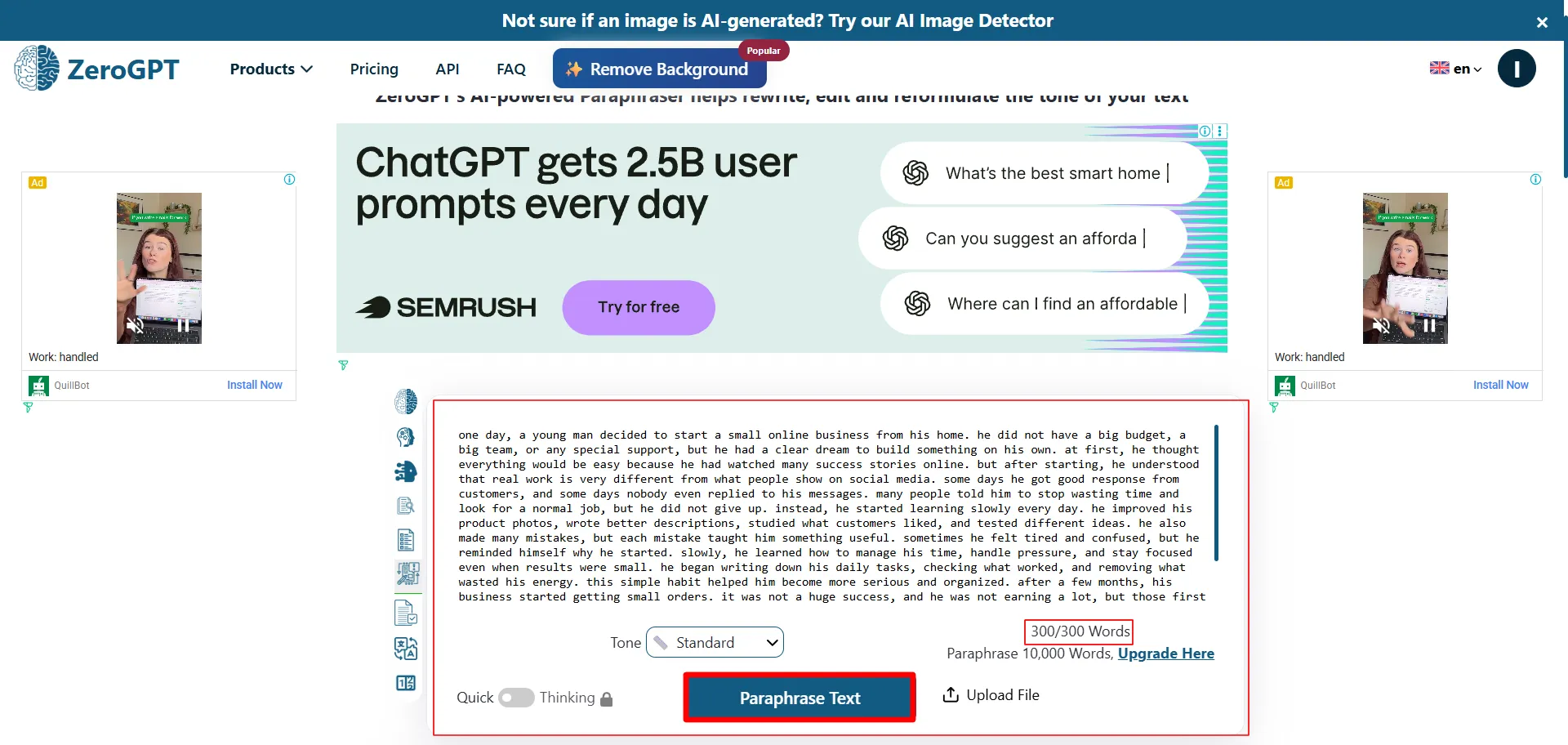 Screenshot of ZeroGPT paraphraser tool