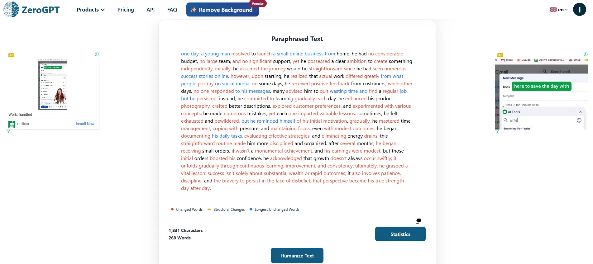 Screenshot of ZeroGPT paraphraser tool output