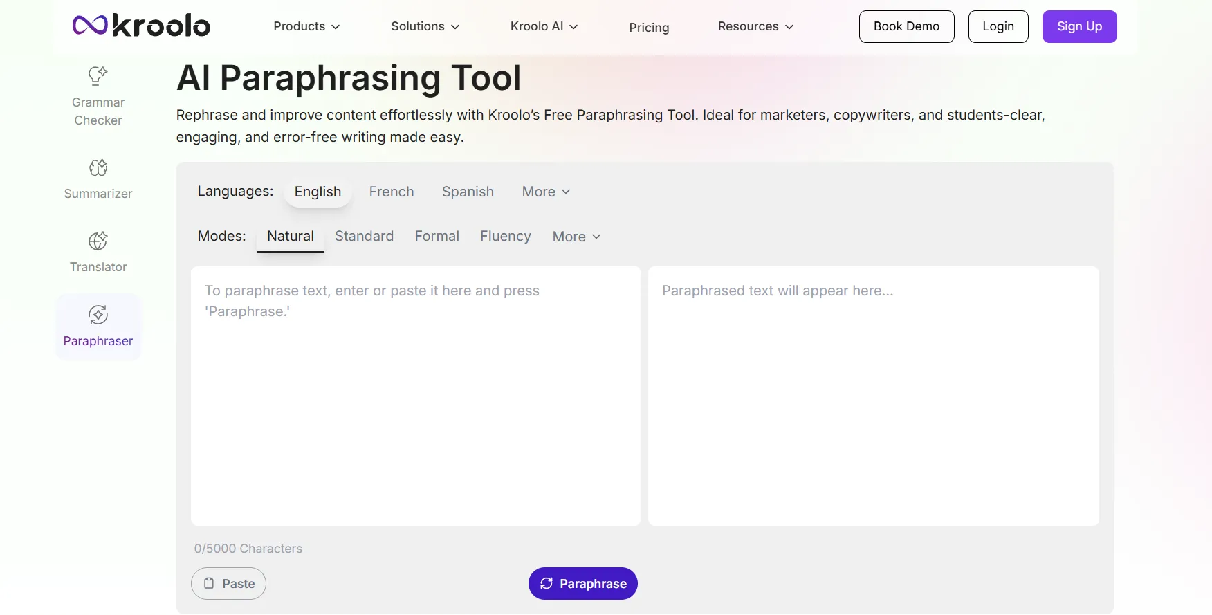 Screenshot of Kroolo AI Paraphrasing tool