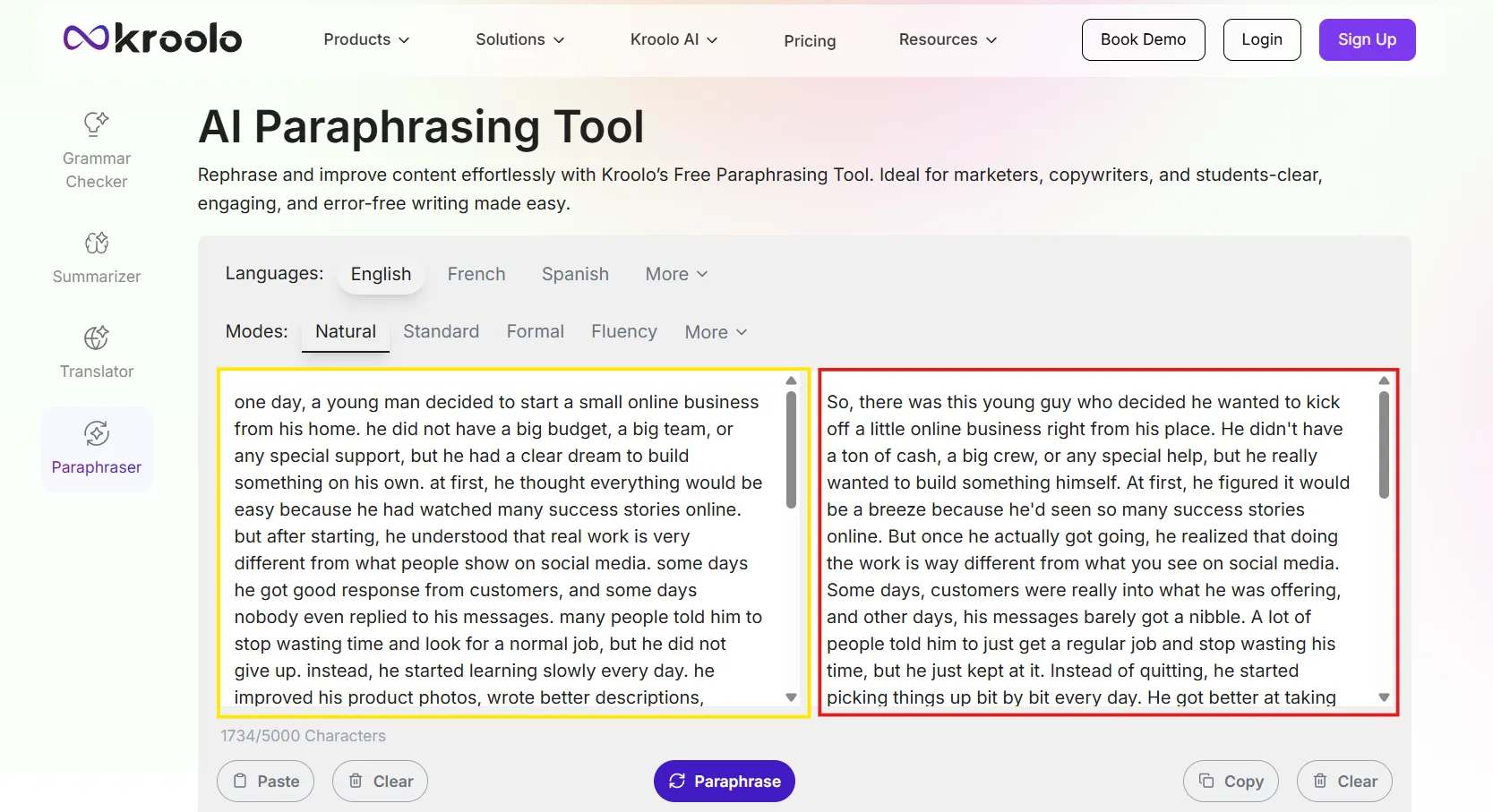 Screenshot of Kroolo AI Paraphrasing tool output