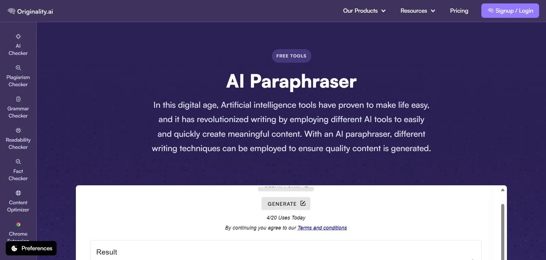 Screenshot of Originality.ai paraphraser tool
