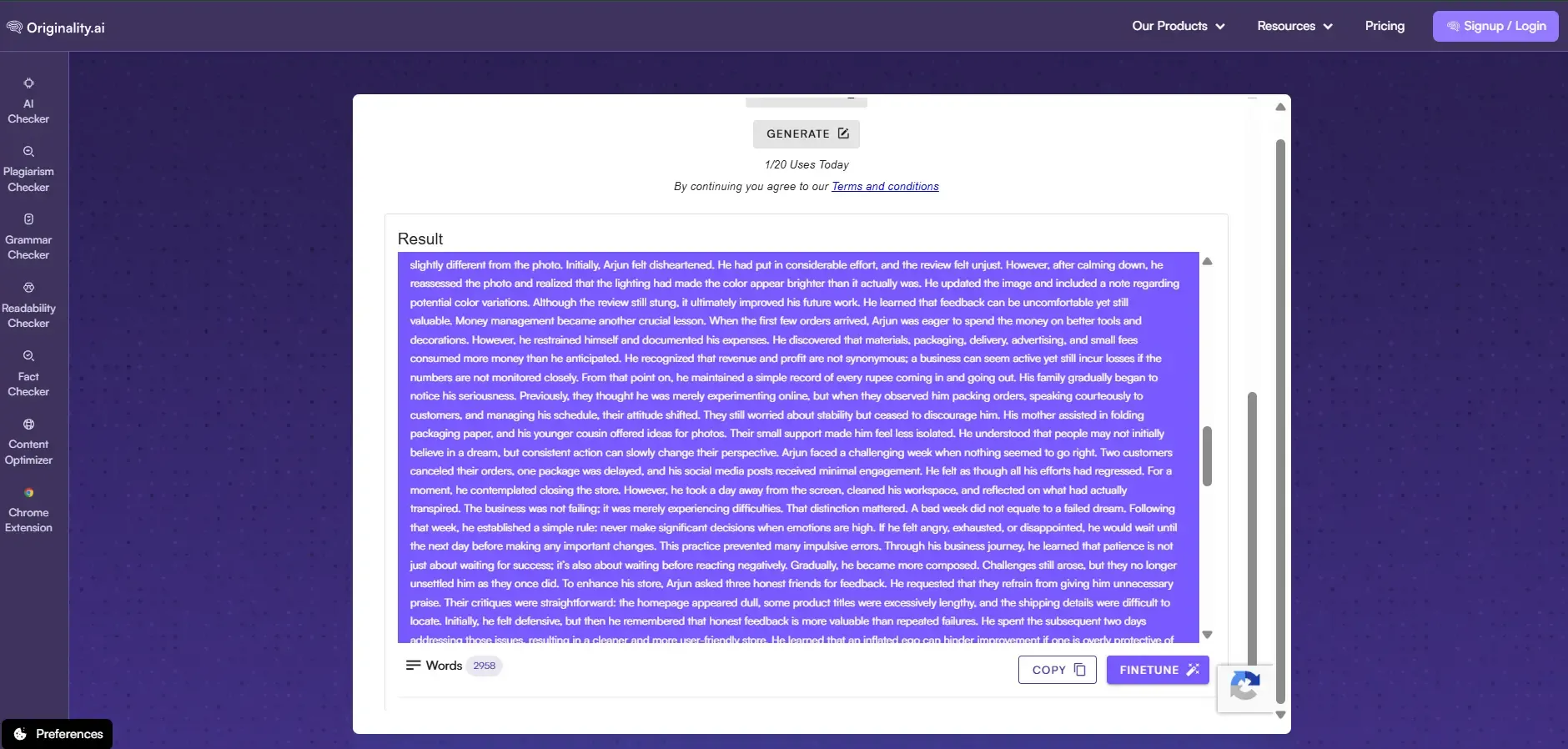 Screenshot of Originality.ai paraphraser tool output