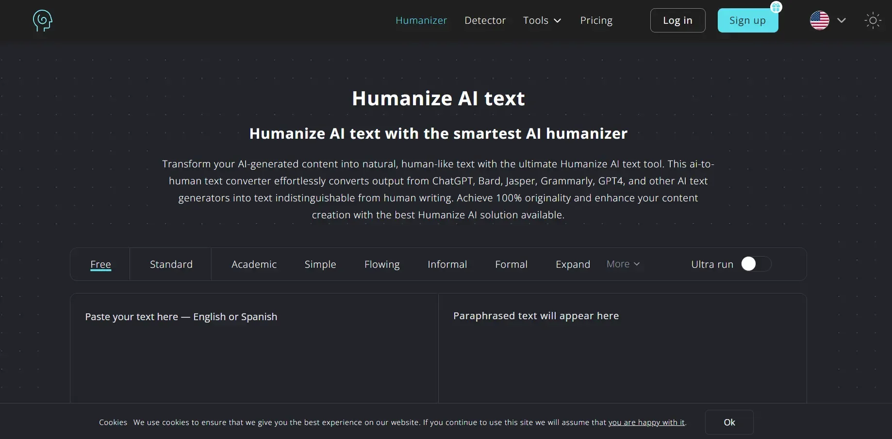 Screenshot of the Humanize AI humanizer tool workspace.