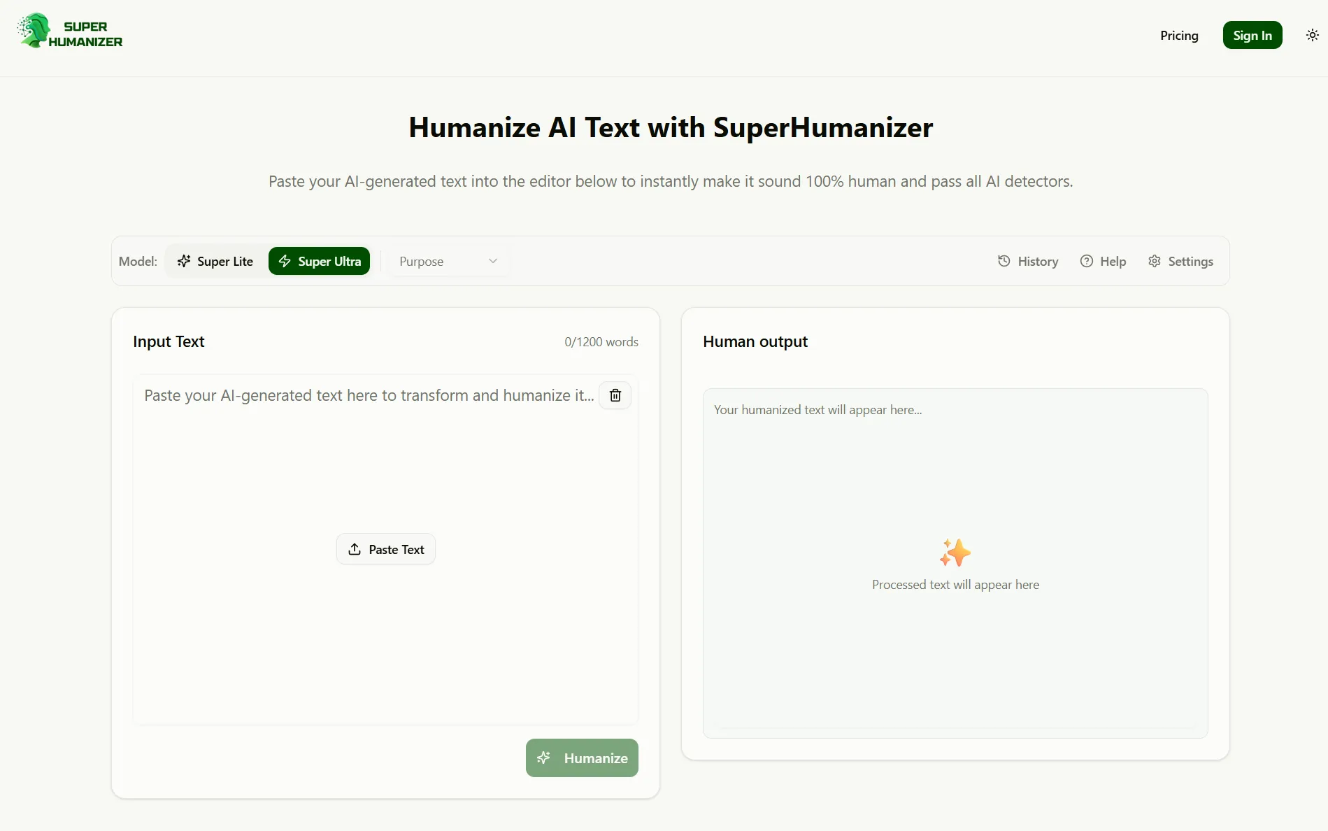 Screenshot of Super Humanizer's humanize tool workspace