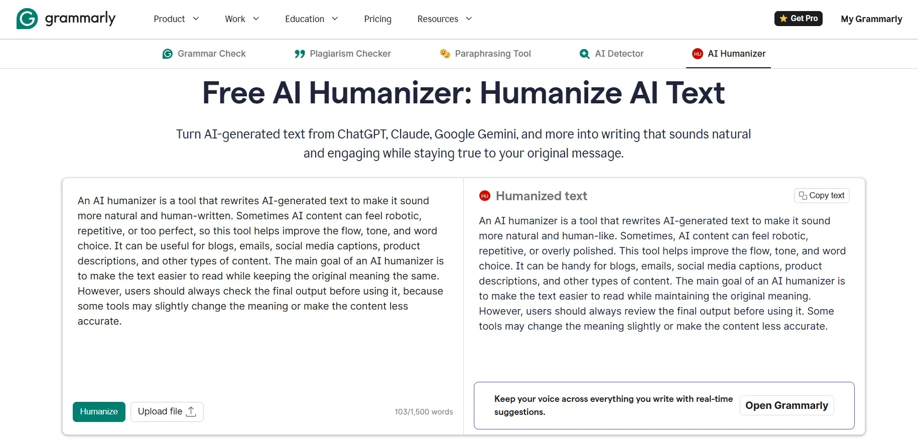 Screenshot of Grammarly humanizer tool output