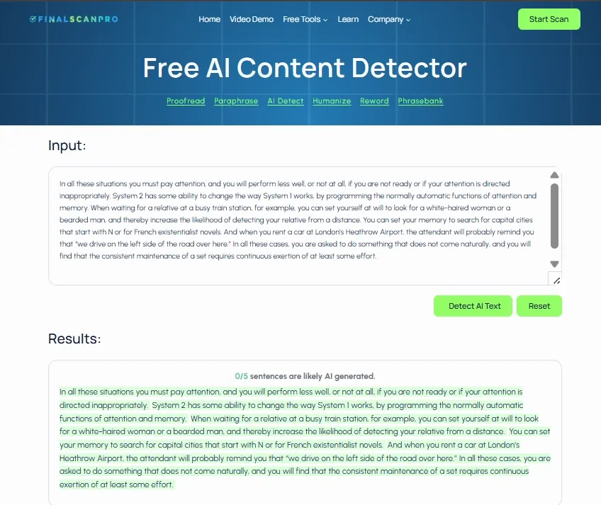 Screenshot of FinalScanPro ai detector tool (0% AI)