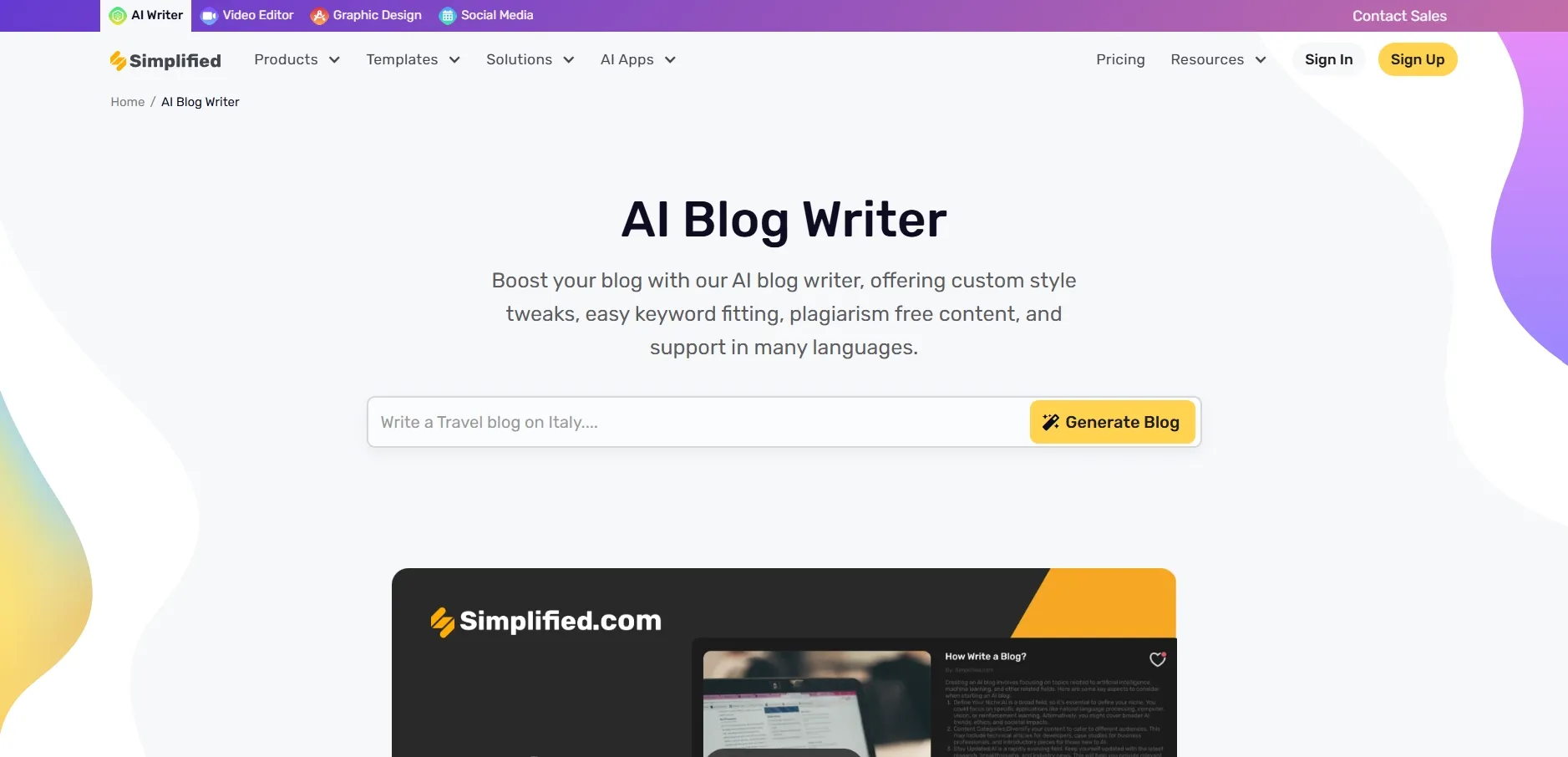 Screenshot image of Simplified AI Blog Writer