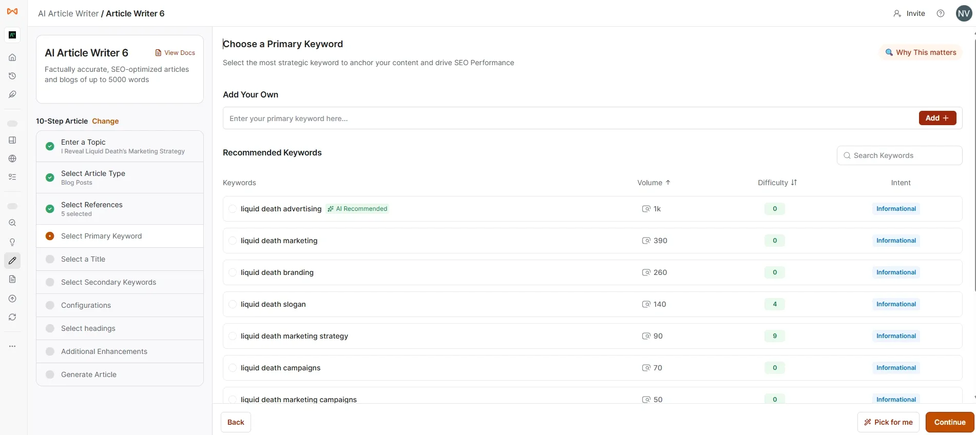 Choose a primary keyword