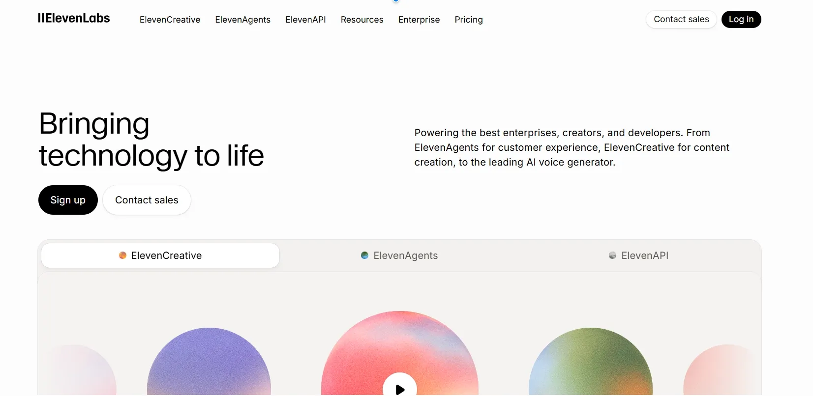 Screenshot of the ElevenLabs Homepage