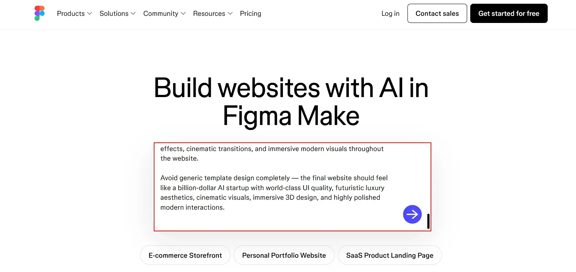 Screenshot Image of Figma AI website builder Homepage and prompt configuration interface
