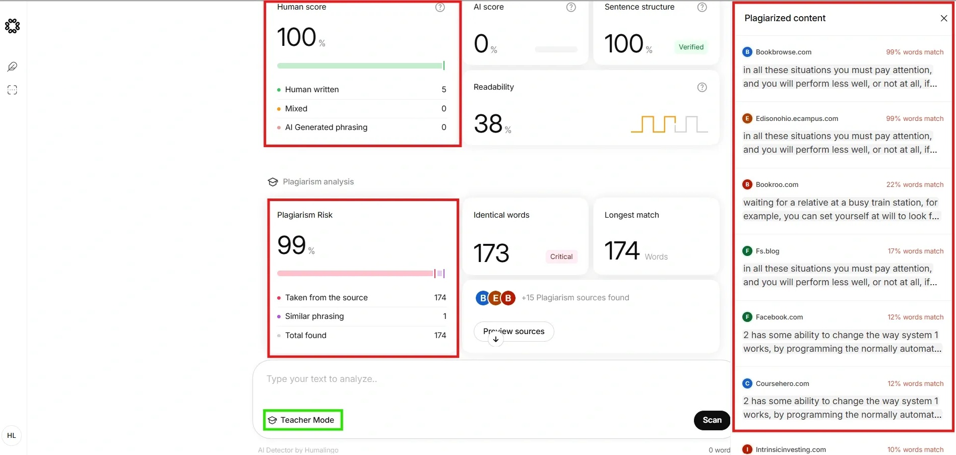 Screenshot of the Humalingo workflow showing the result detecting the content as 100% Human-written.
