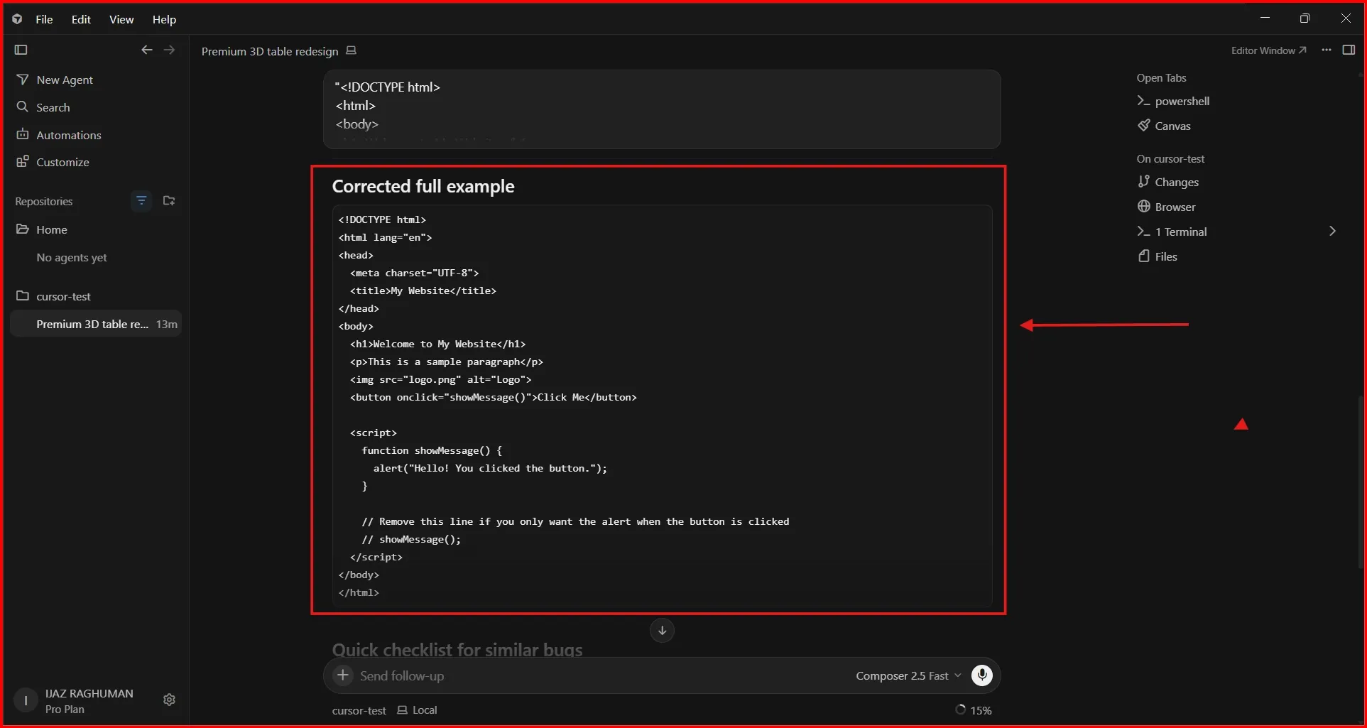 Cursor Corrected the Error Code