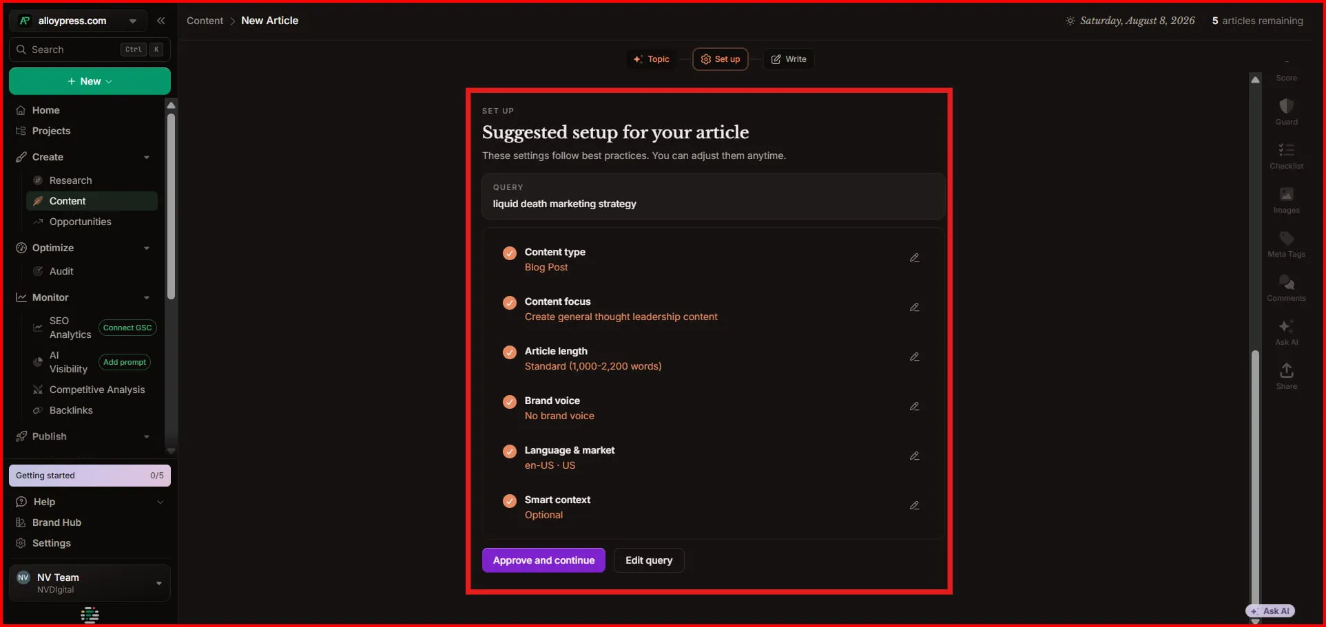 Screenshot Image of Showing Frase AI Blog Writer Workspace