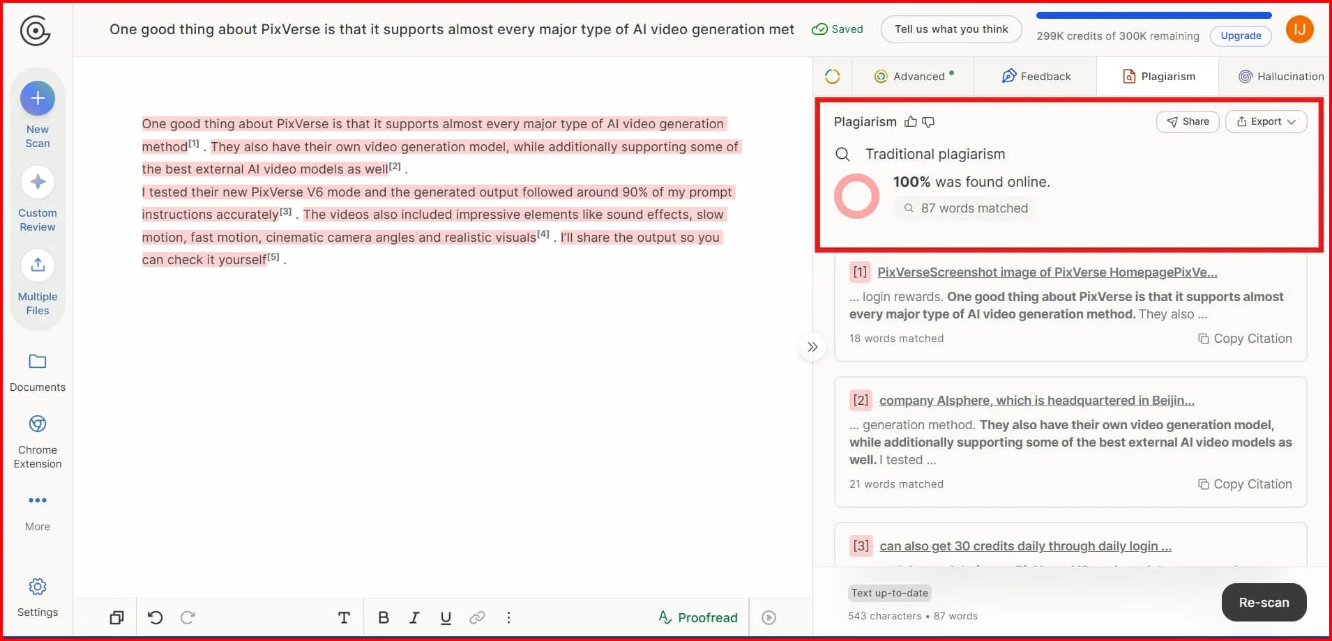 Screenshot Image of GPTzero plagiarism checker workspace
