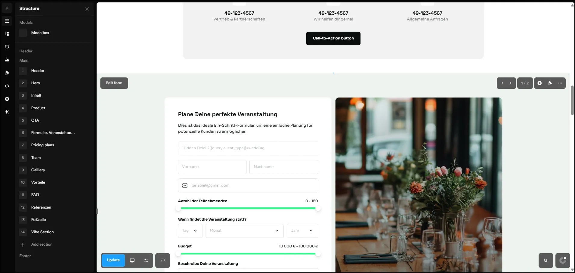 Onepage AI website builder interface with visual page editor and form layout.