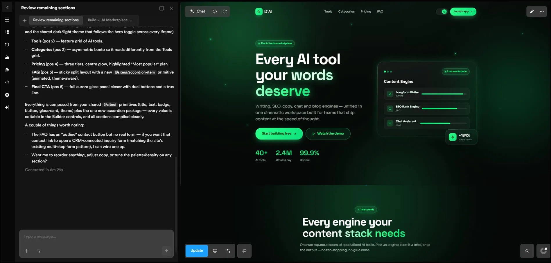 Onepage AI website builder interface with AI content tools and visual editor.