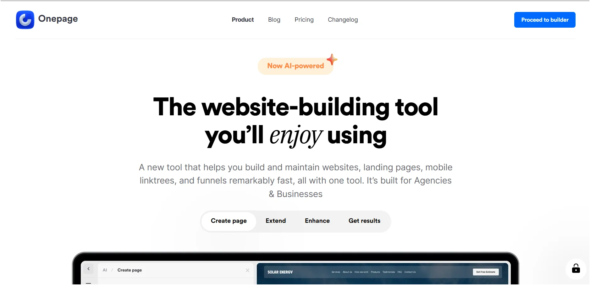 OnePage AI website builder interface for creating websites with AI