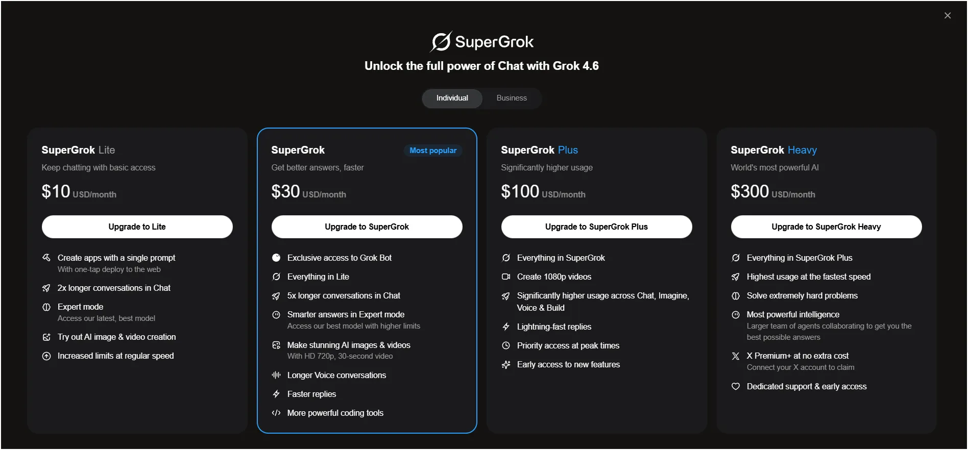 Grok 4.6 SuperGrok pricing plans and features