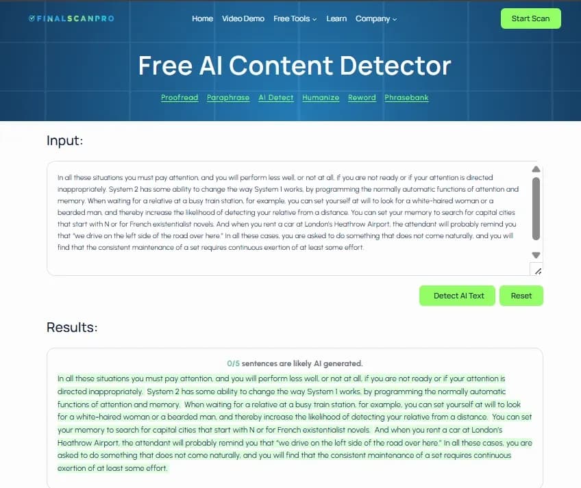 Screenshot of FinalScanPro ai detector tool (0% AI)