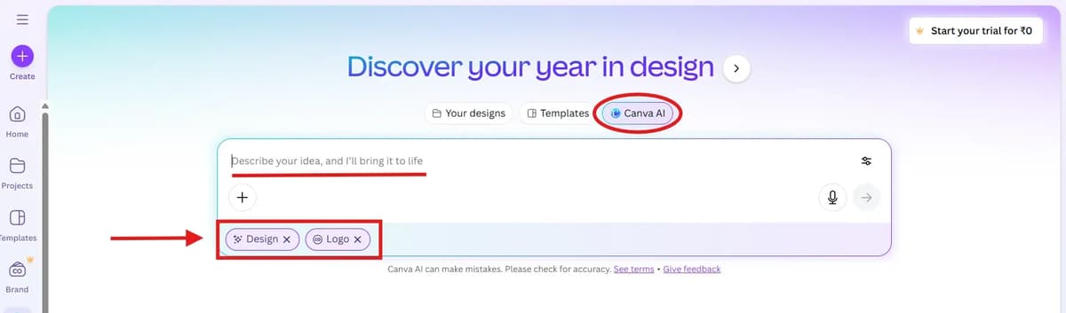 Canva Home Image (Select Canva AI & choose logo option)