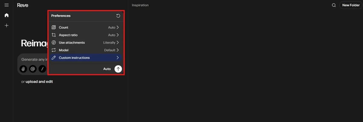 Reve Image Generation Preferences Control Panel
