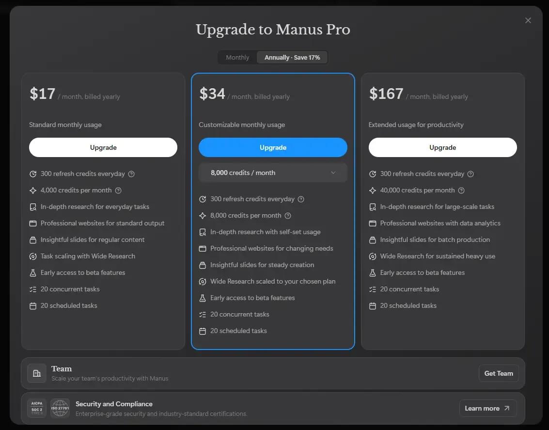 Manus AI Pricing Page Details