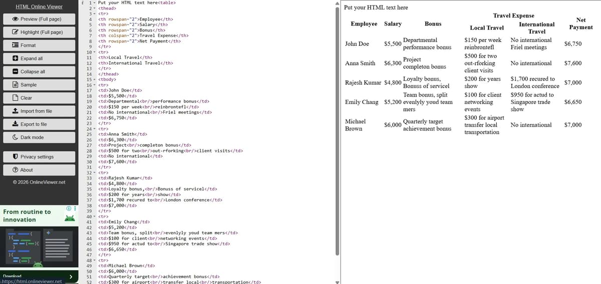 Code tested in an online HTML viewer