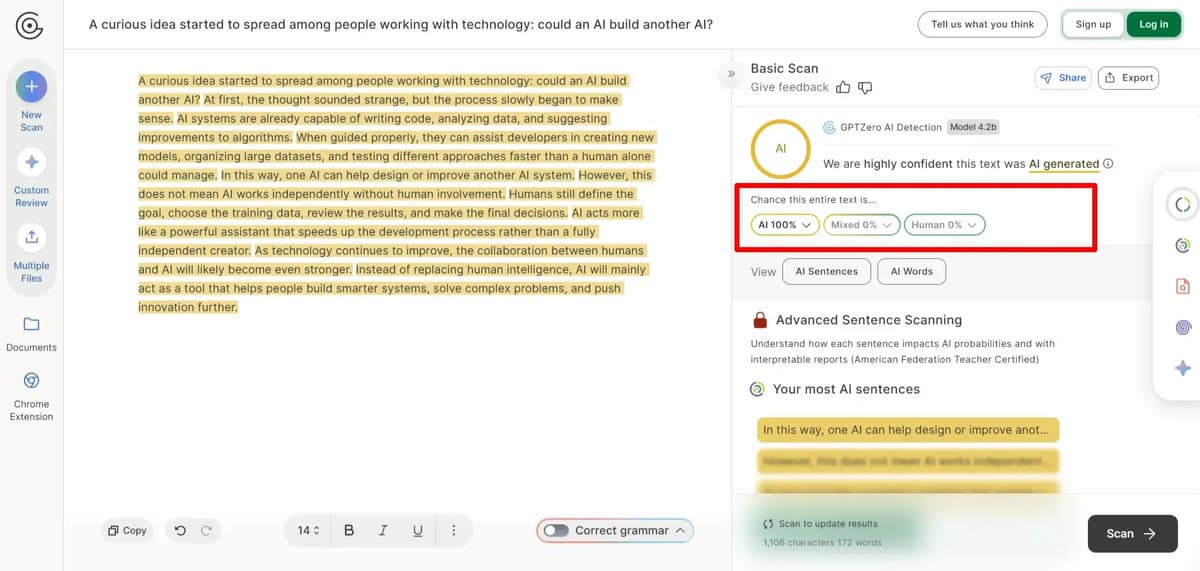 Screenshot of the GPTZero workflow showing the result detecting the content as 100% AI-written.