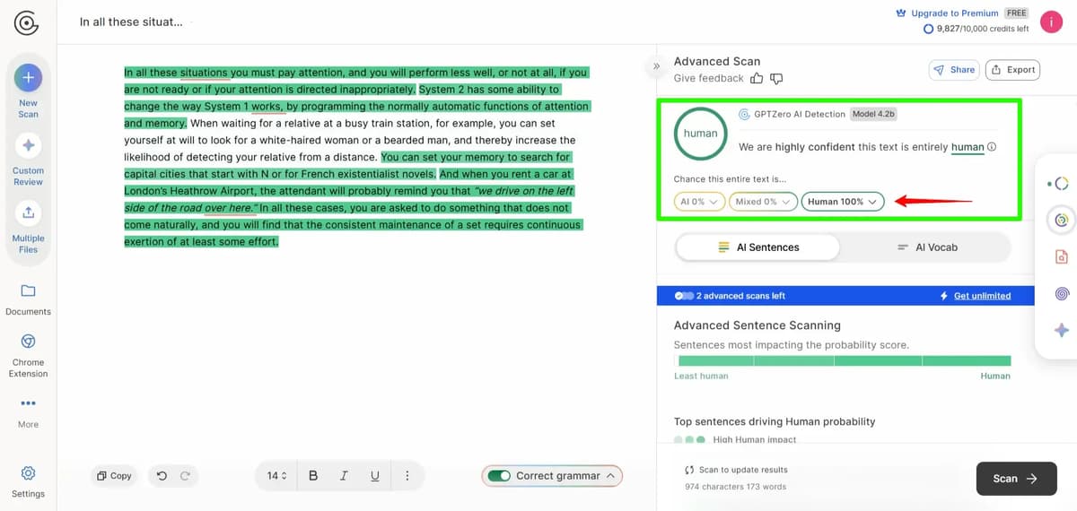 Screenshot of the GPTZero workflow showing the result detecting the content as 100% Human-written.