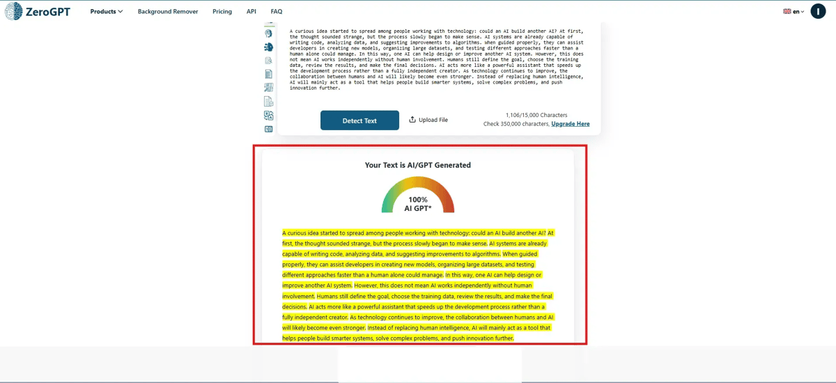 Screenshot of the ZeroGPT workflow showing the result detecting the content as 100% AI-written.