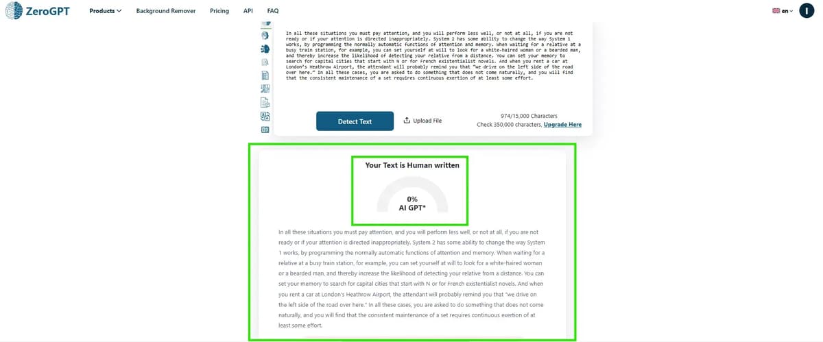 Screenshot of the ZeroGPT workflow showing the result detecting the content as 100% Human-written.