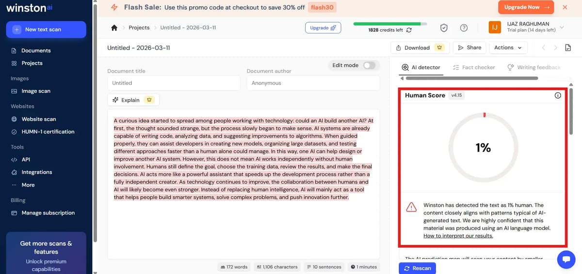 Screenshot of the Winston AI workflow showing the result detecting the content as 99% AI-written.
