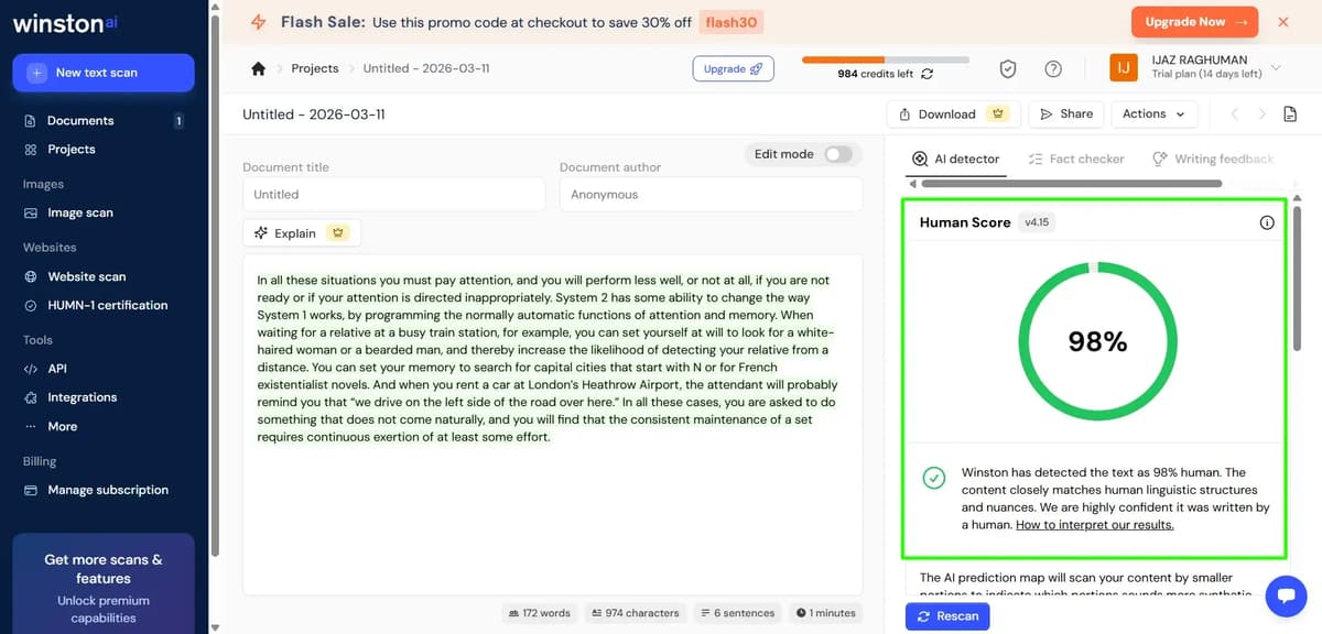 Screenshot of the Winston AI workflow showing the result detecting the content as 98% Human-written.