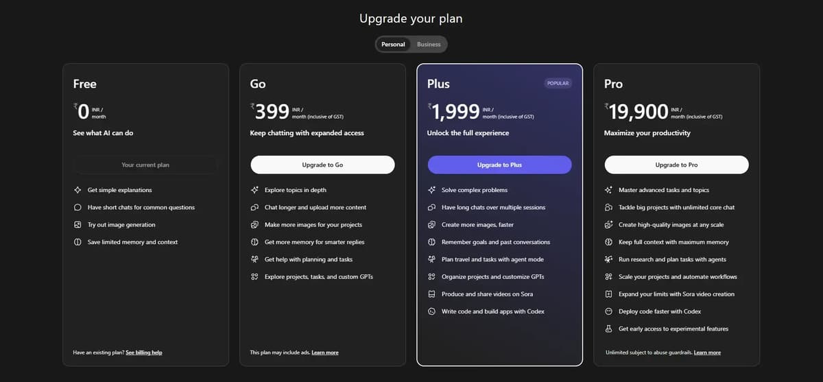 Screenshot of ChatGPT Pricing Plan