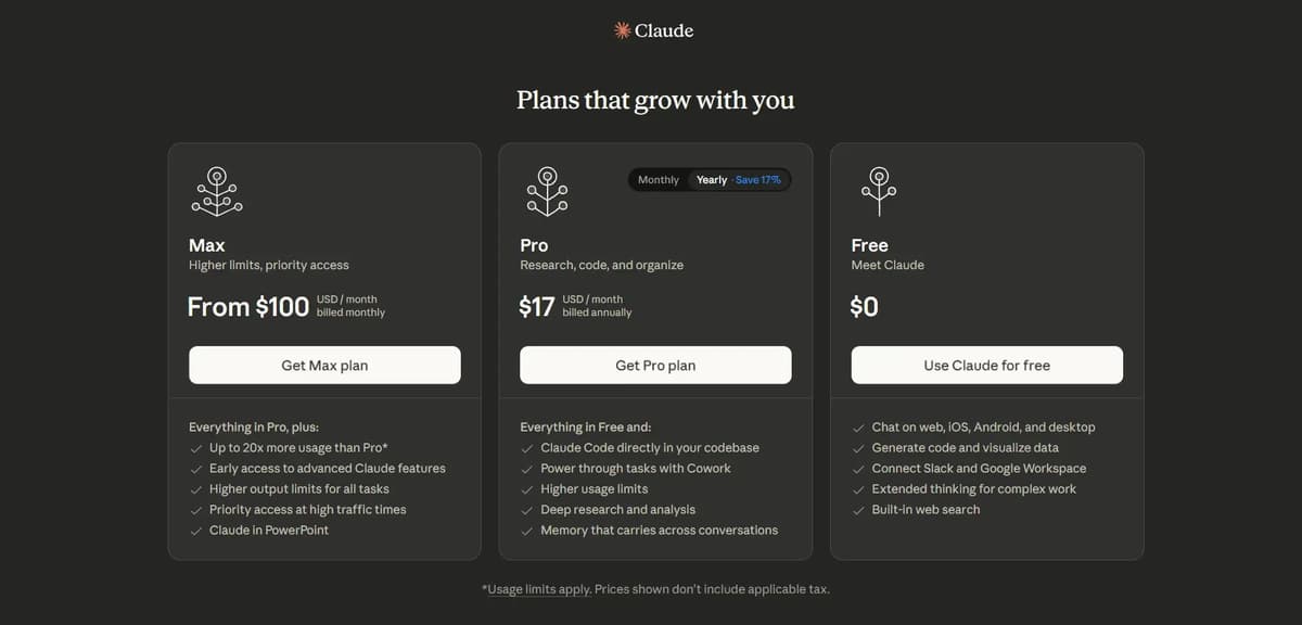 Screenshot of Claude Pricing Plan