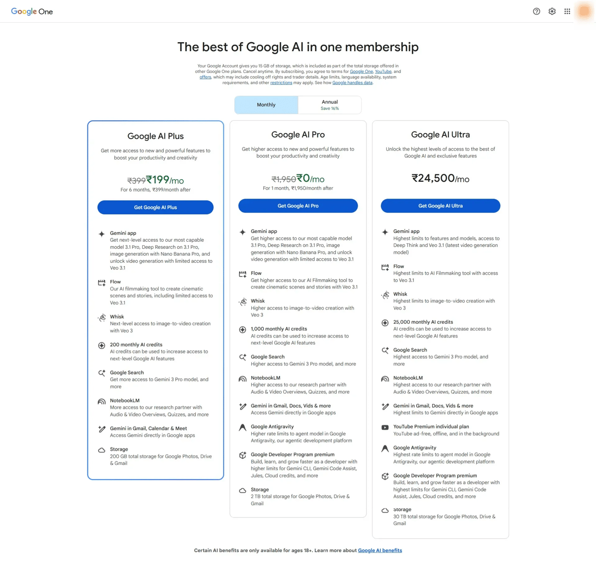 Screenshot of Gemini Pricing Page