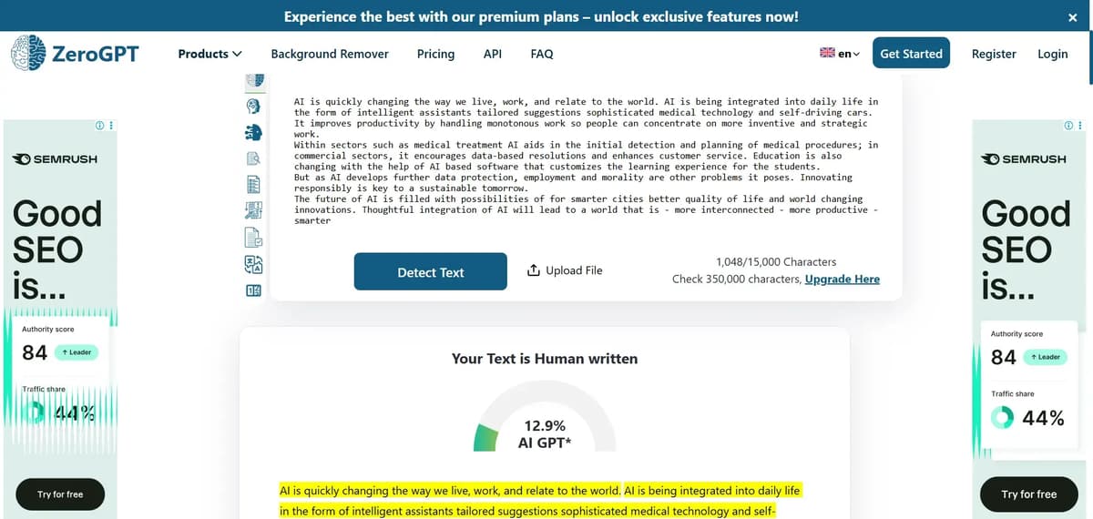 Screenshot of the ZeroGPT showing the result detecting the content as 12.9% AI-written.