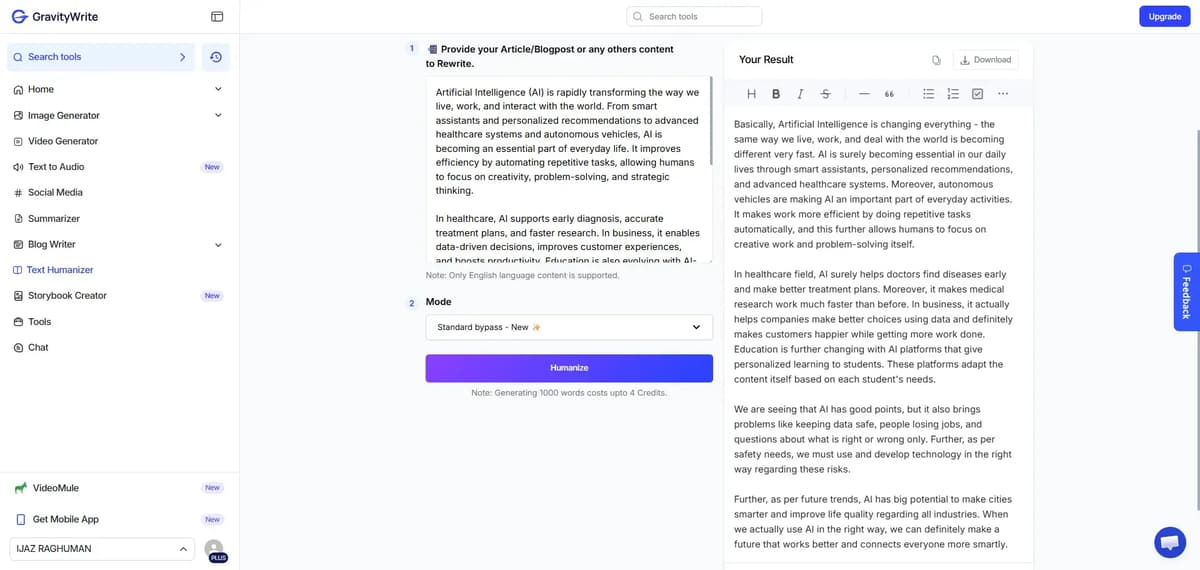 Screenshot of the GravityWrite tool converting AI content into humanized content.