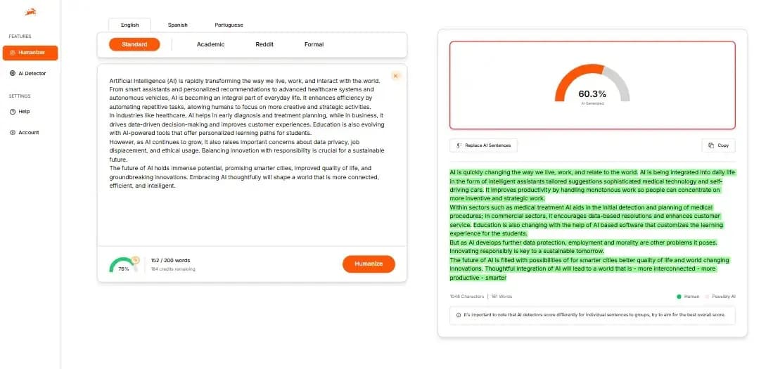 Screenshot of the Hastewire tool converting AI content into humanized content.