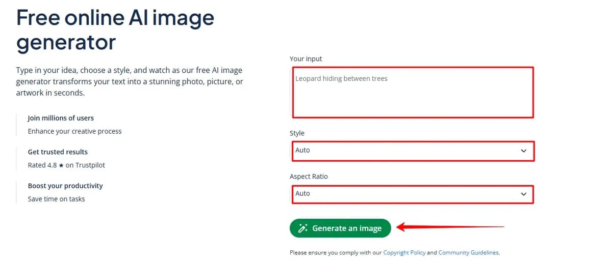 Screenshot image of QuillBot AI Image Generator Workspace area