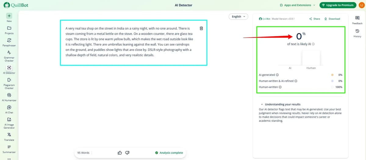Screenshot image of QuillBot AI detector tool