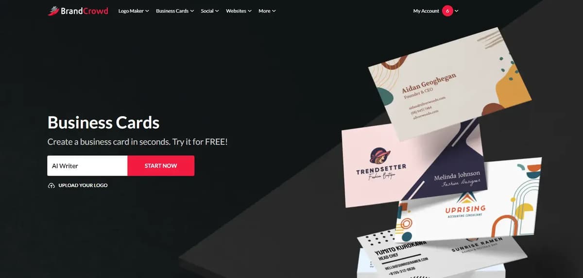 Screenshot of the Business Card Generator homepage in BrandCrowd