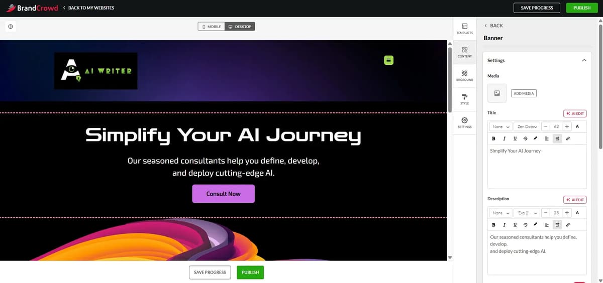Website builder editing interface