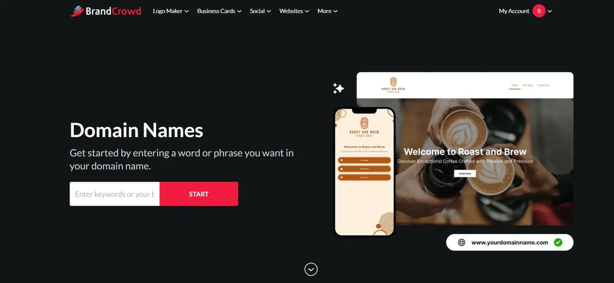 Screenshot of the Domain NAmes Generator homepage in BrandCrowd