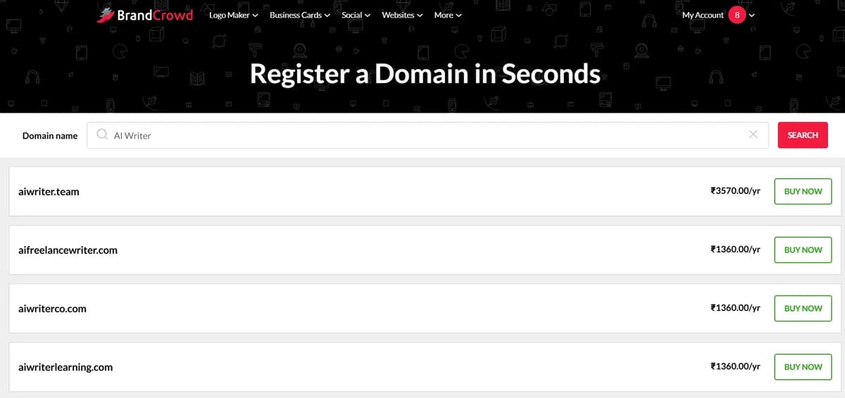Available domain names in BrandCrowd