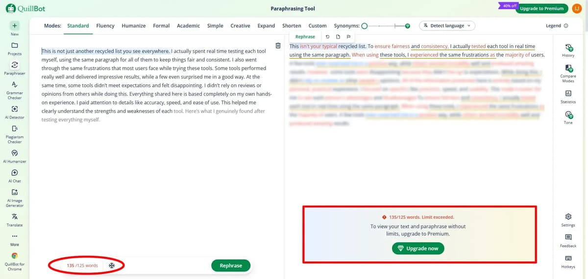 Screenshot of QuillBot paraphrasing tool